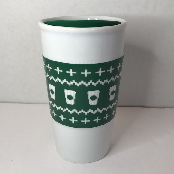 Starbucks Winter Holiday Ceramic Travel Mug Knit Look Green Sleeve and Lid 2016 - Picture 2 of 6